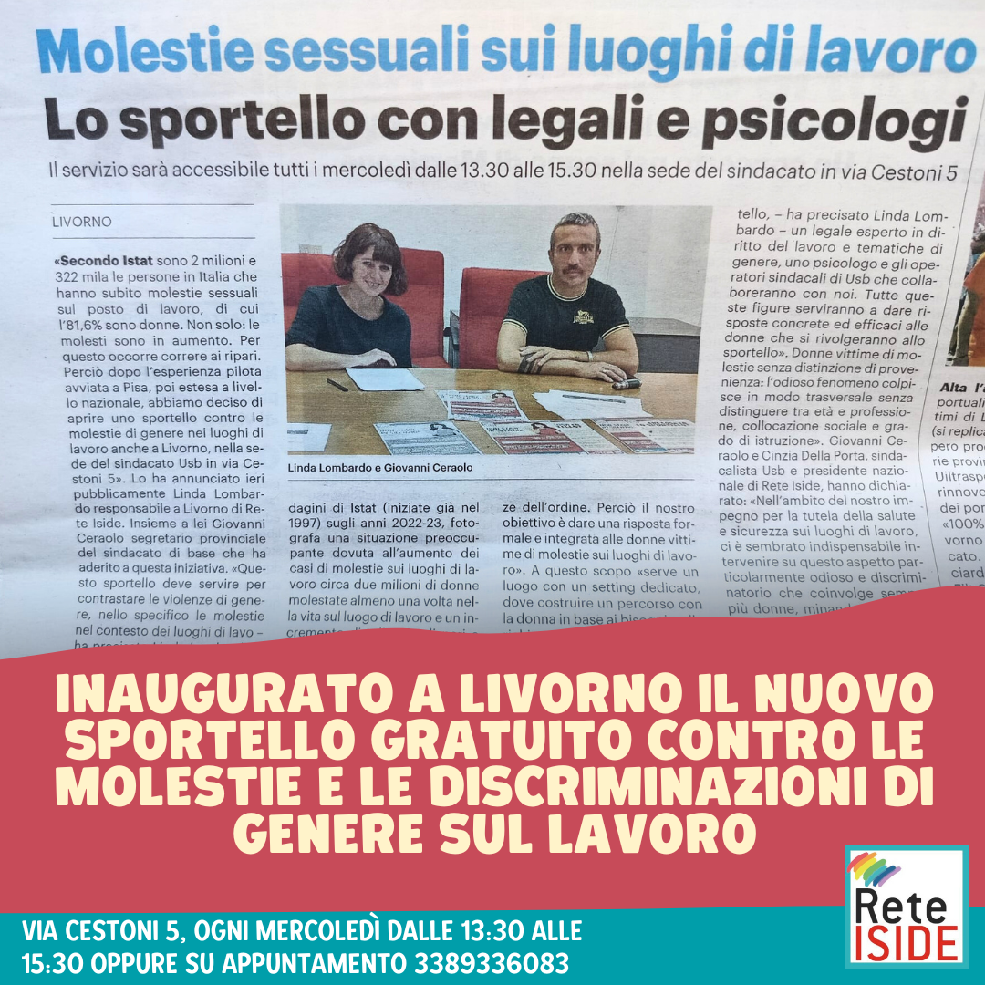 INAUGURATO A LIVORNO IL NUOVO SPORTELLO GRATUITO CONTRO LE MOLESTIE E LE DISCRIMINAZIONI DI GENERE SUL LAVORO!
