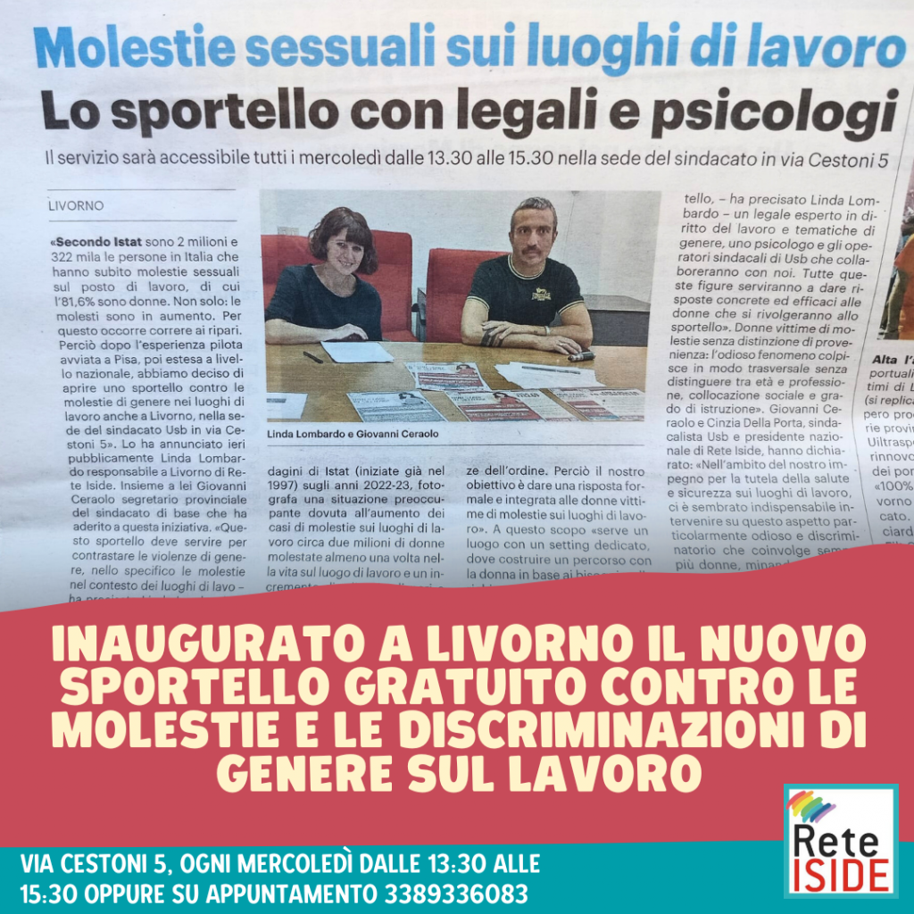 INAUGURATO A LIVORNO IL NUOVO SPORTELLO GRATUITO CONTRO LE MOLESTIE E LE DISCRIMINAZIONI DI GENERE SUL LAVORO!